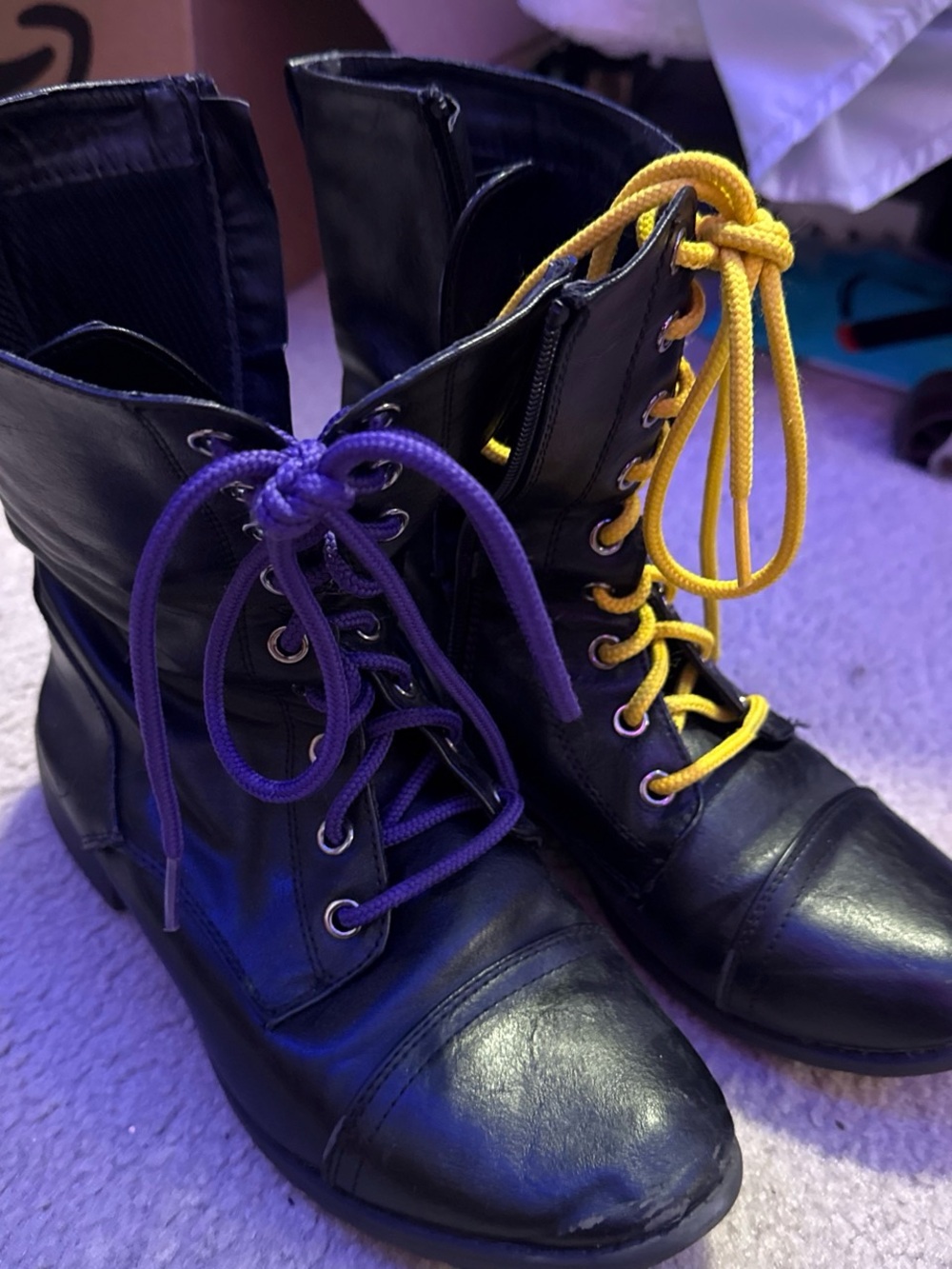 Forever Black Combat Boots with Purple and Yellow Laces